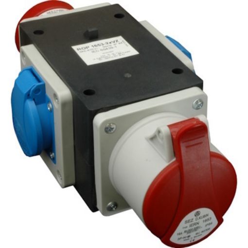 Picture of ROP 1653-2xVZ Industrial Cross Male Plug 5P 16A to 1 Female 5P 16A and 2 Schuko
