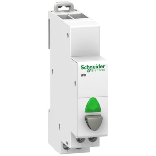 Picture of A9E18036 Rail Push Button 1NO Gray with Green Indicator 110-230VAC Acti9 iPB