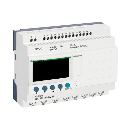 Picture of SR2A201BD Zelio Logic Non-Expandable Controller 12/8 I/O 24VDC LADDER Without Clock
