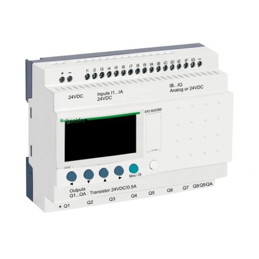 Picture of SR3B262BD Zelio Logic Expandable Controller 16/10 I/O 24VDC Transistor LADDER,FBD