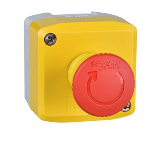Picture of XALK178E Yellow Push Button with Mushroom Emergency Stop 1NO+1NC