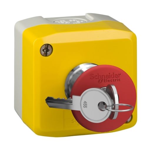 Picture of XALK188 Yellow Emergency Stop Button with Mushroom Head and Key 2NC